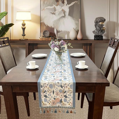 Floral Table Runner with Tassel Edges, Cotton Blend Decorative Runner - Image 3