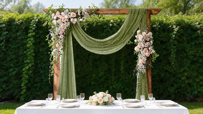 Pearl Table Runner Gauze Sheer 19FT Wedding Draping Fabric Decor | Olive Green - Image 2