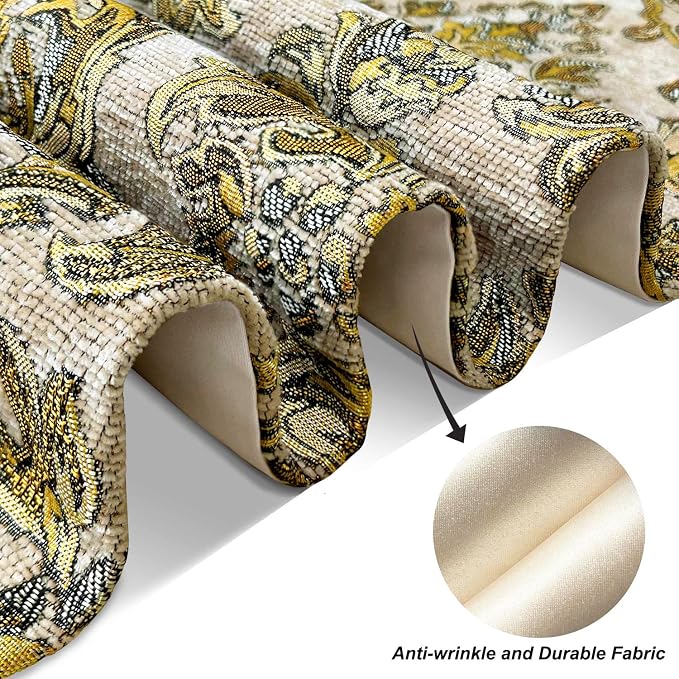 108 Inches Exquisite Gold Floral Jacquard Table Runner Thick Beige Chenille | - Image 6