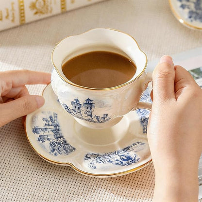 KAMMAK Tea Cups and Saucers Set of 2, 8 oz Porcelain Coffee Cups, SY001 | - Image 4