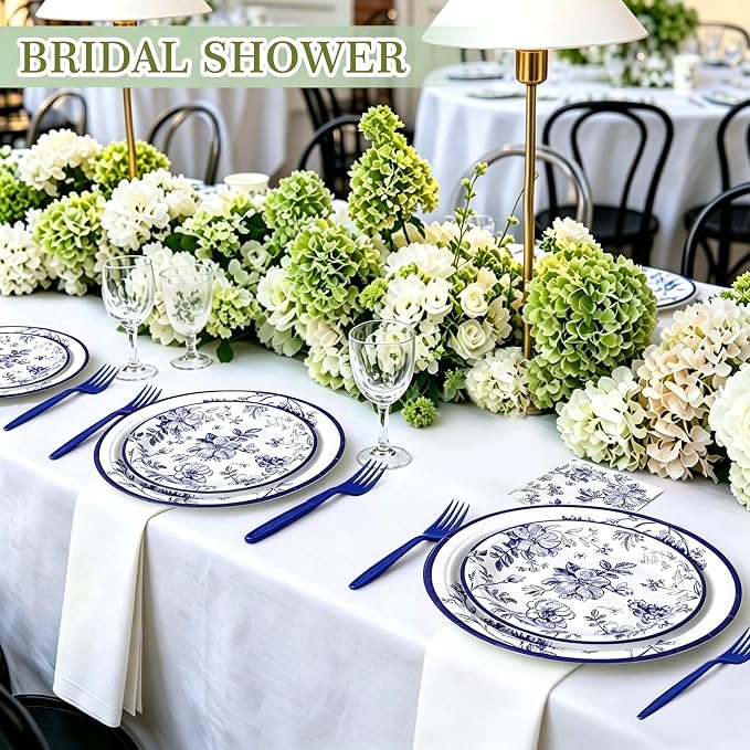100 Pcs Disposable Blue and White Floral Tableware Set - Image 2