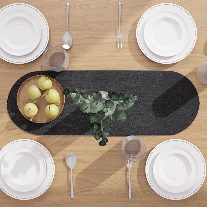 Encasa XO Table Runner, Handmade Ribbed Cotton 12"x36" | Black, Heat & Scratch - Image 3