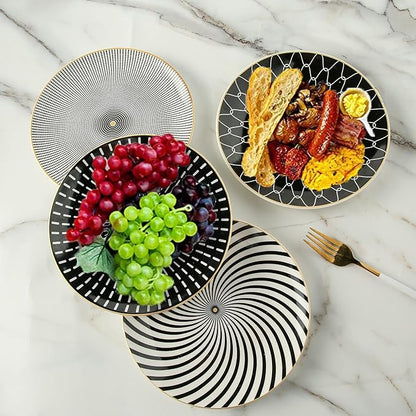 8 Inch Set of 4 Assorted Designs, Porcelain Plates With Patterns,Black Ceramic Dessert Plates, Dishware with Golden Rim for Sandwiches Salad Pasta, Microwave Oven Dishwasher Safe (A)