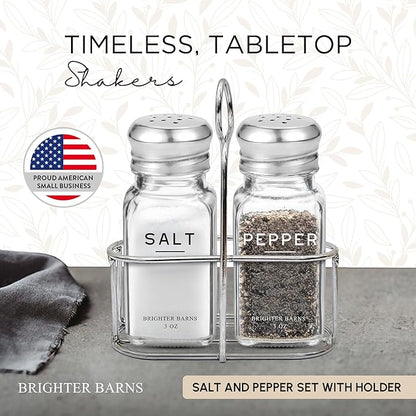 Glass Salt and Pepper Shakers Set with Holder by Brighter Barns - Modern Kitchen Decor, Dining Table Countertop Accessory - Cute Salt and Pepper Set with Caddy for Restaurants, Farmhouse Decor (Clear)