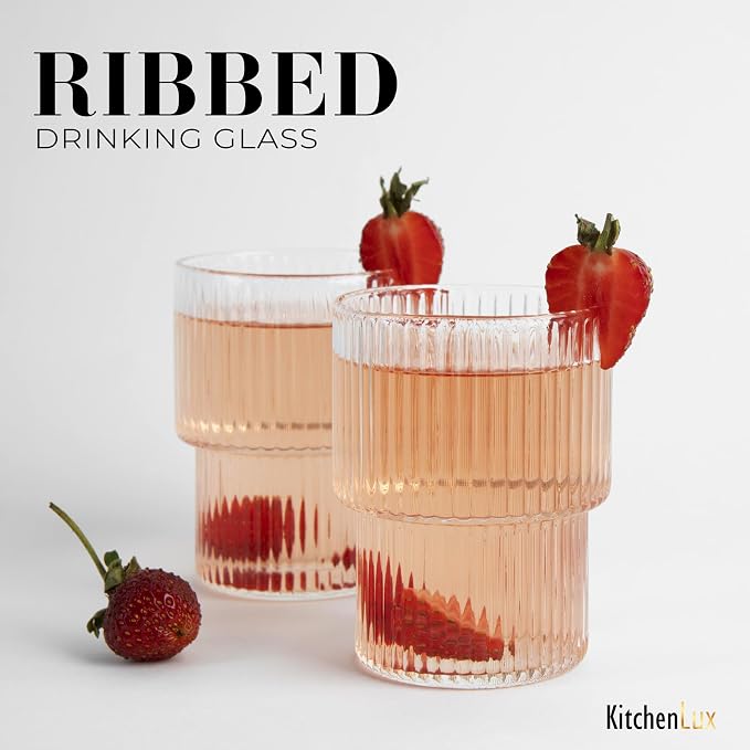 Kitchen Lux Ribbed Glass Cups 15oz Lowball Short Rocks Glass | Stackable Ribbed - Image 5