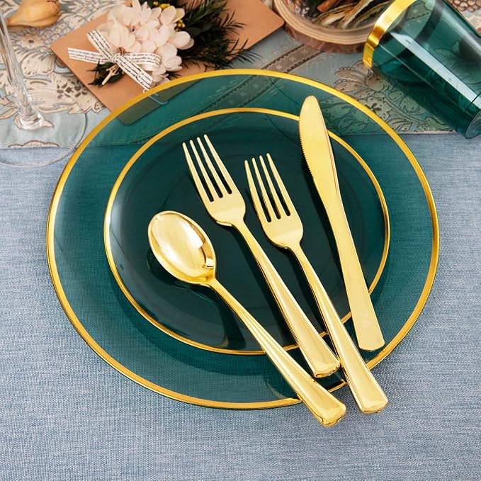 LIYH 180 Pcs Clear and Green Gold Plastic Christmas Plates - Image 5