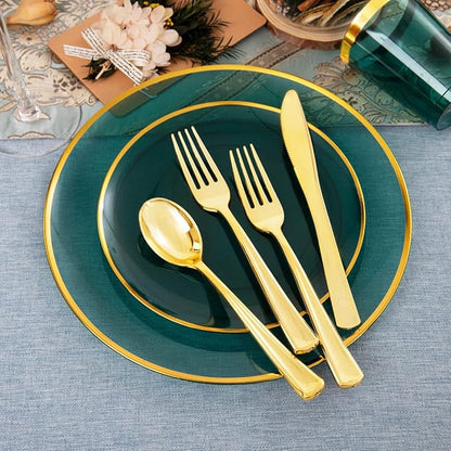 LIYH 180 Pcs Clear and Green Gold Plastic Christmas Plates - Image 5