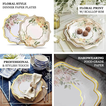 50 Pack 8" White/Rose Gold Floral Print Scallop Rim Dessert Plates, Disposable Round Paper Appetizer Salad Plates 300 GSM for Party Decoration