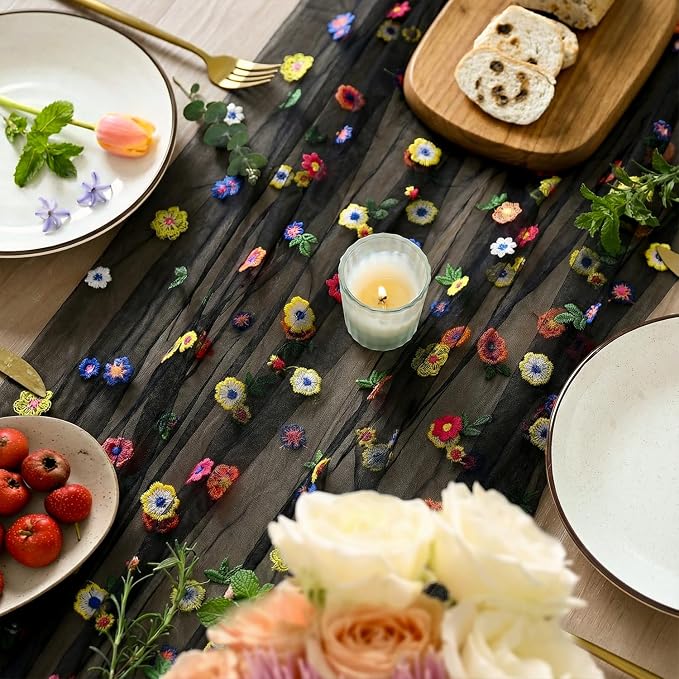 Artoid Mode Black Embroidery Daisy Gauze Table Runner 120 Inch 10FT | Seasonal - Image 3