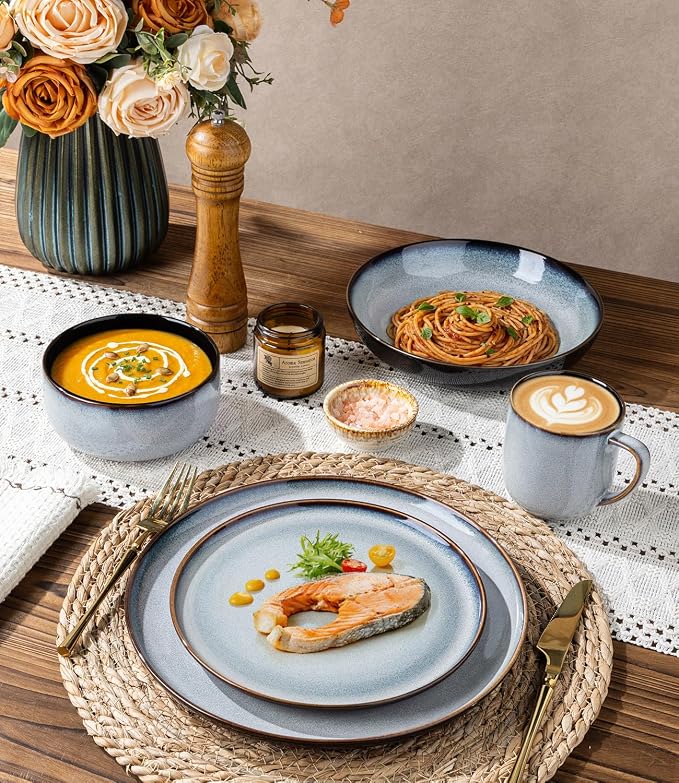 LeRATIO Ceramic Dinnerware Set of 4, Poreclain Plates, Handmade Reactive Glaze - Image 4