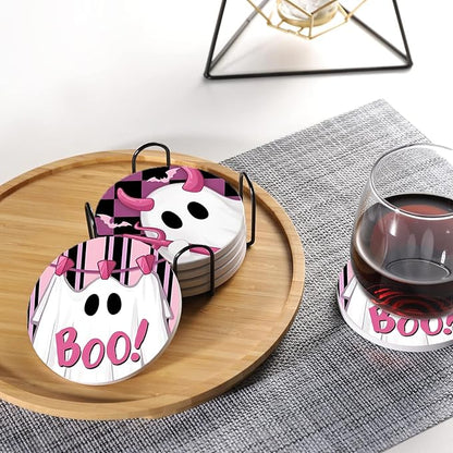 Drink Coasters for Drinks Set of 6, Pink and Black Cute Ghosts Absorbent Round Ceramic Stone Mat Coaster, with Cork Base and Metal Holder, Home Bar Decor House Warming Gift