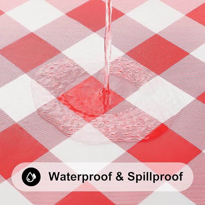 Smiry Rectangle Picnic Table Cloth, Elastic Waterproof Fitted Vinyl Tablecloths, Flannel Backed Buffalo Plaid Table Covers for Dining, Camping, Outdoor (White and Red, 36" x 96")