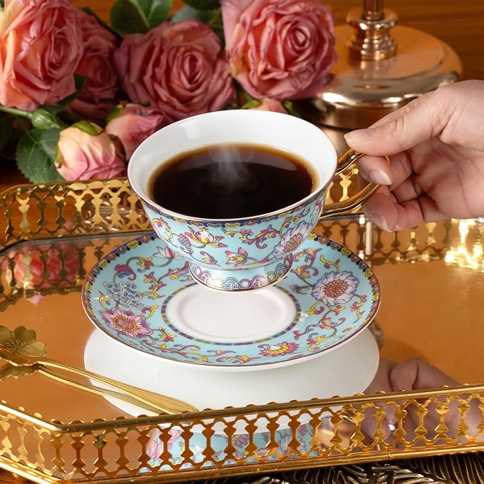 KAMMAK Tea Cups and Saucers Set of 2, Porcelain Coffee Cups, JBE021 | Stackable - Image 5