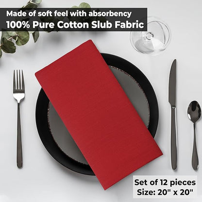 Urban Villa Cloth Napkins Set of 12 20x20 Inches 100% Cotton Napkins Cloth Washable Durable Reusable Absorbent Table Dinner Napkins Cloth for Christmas Parties Hotel Lunch Restaurant Weddings - Red
