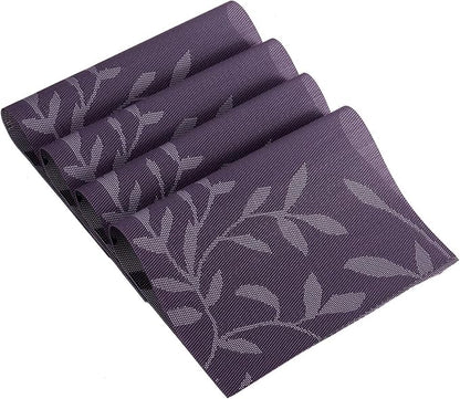 SHACOS Woven Vinyl Placemats Set of 4 Purple Leaf Pattern Place Mats Wipe Clean Durable PVC Heat Resistant Table Mats (4, Leaf Purple)