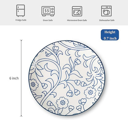 Selamica Ceramic Dessert Plates Set of 6, 6 Inch Appetizer Plates for Kitchen, Microwave & Dishwasher Safe, Vintage Blue
