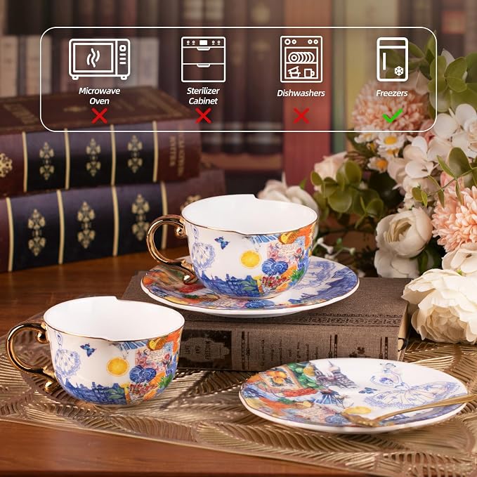 KAMMAK Tea Cups and Saucers Set of 2, Fine Bone China Coffee Cups, 584N | - Image 3