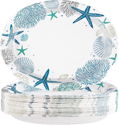 50Pcs Christmas Coastal Oval Paper Plates 10" x 12" Large Disposable Heavy Duty Blue Ocean Coral Starfish Seashell Platters Beach Sea Plate for Merry Xmas Holiday Dinner Birthday Table Party Supplies
