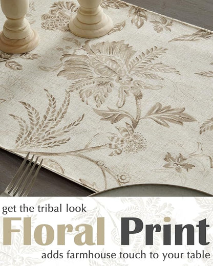 jinchan Taupe Floral Linen Table Runner 13 x 72 Inch Farmhouse | Linen-look - Image 3