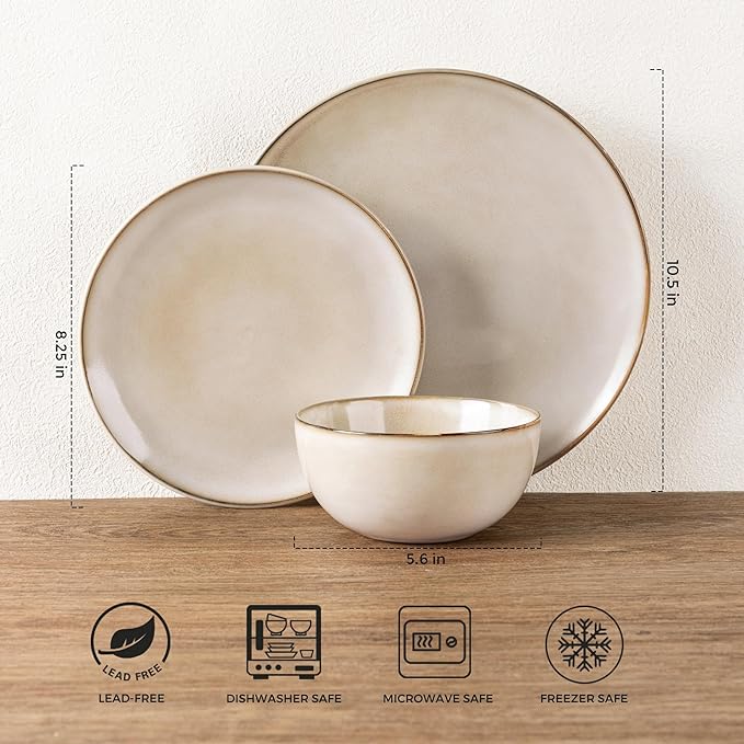 GBHOME Ceramic Dinnerware Sets for 6, 18 Pieces Stoneware Plates and Bowls Sets, Reactive Glaze Dishes -Scratch Resistant, Dishwasher&Microwave Safe-Cappuccino