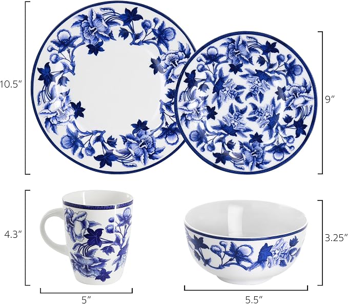 Elama Cattleya Orchid Design 16 Piece Round Porcelain Dinnerware Set in Blue - Image 7