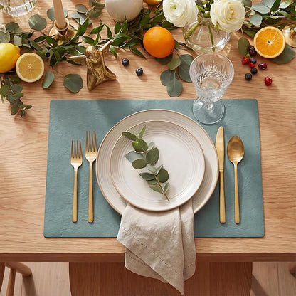 Artoid Mode Blue Faux Leather Placemats Set of 6, 12x18 Inch Waterproof Wipeable Heat Resistant Vinyl Place Mats, Reversible Table Mats for Winter Kitchen Dining Decor