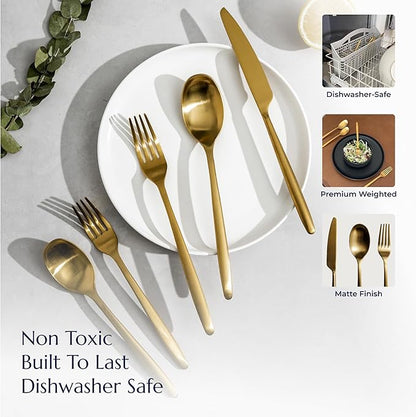 JazzUpCo Ava Flatware Flatware non toxic 18/10 stainless steel dishwasher safe (Matte Gold, 16 Person Set (80 Pieces))