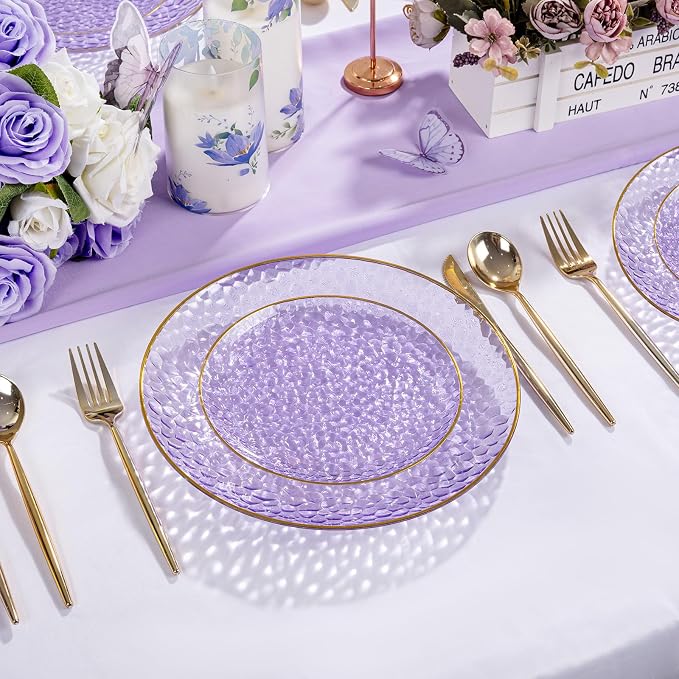 Rubtlamp 100Pcs Plastic Purple Dinner Plates, Heavy Duty 10 Inch Gold - Image 6
