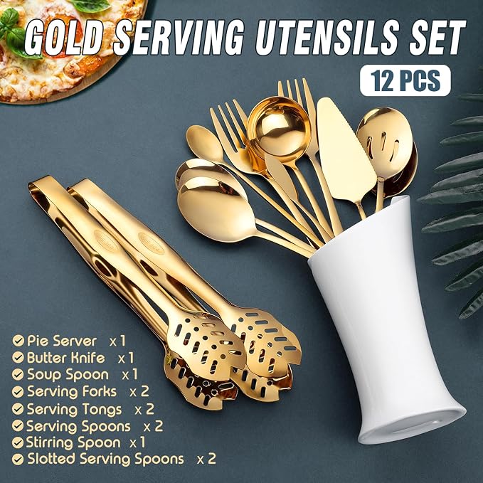 Gold Serving Utensils, OGORI 12-Piece Stainless Steel Serving Utensils Include - Image 2