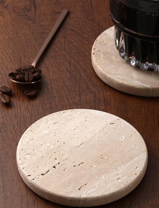Beige Travertine Coasters Set of 4, Marble Absorbent Coasters 4 '', - Image 2