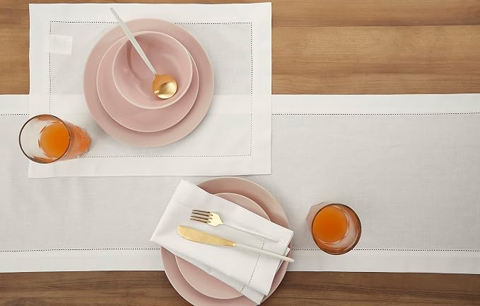 Solino Home Cotton Linen Dining Table Runner White Hemstitch, 14 x 132 in | - Image 3