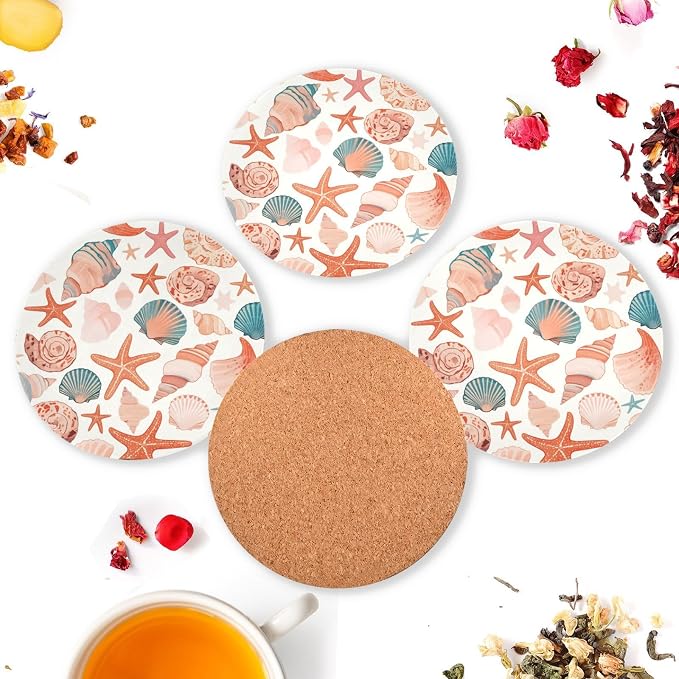 Seashells Different Shapes and Starfish Set of 4 Absorbent Coasters Cork - Image 6