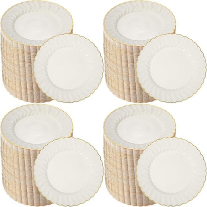 Mifoci 200 Pcs 7.5 Inch Ivory with Gold Rim Plastic Disposable Plates Bulk Salad Dessert Appetizer Cake Plates Elegant Fancy Plastic Tableware for Party Holiday, Wedding, Catering Table Decoration