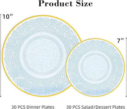 60PCS Blue Plastic Plates with Gold Rim, Lace Patterns Heavy Duty Disposable Plates Include 30 Dinner Plate 10 Inch and 30 Salad Plate 7 Inch for Party, Wedding, Transparent Blue