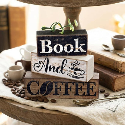 Moucuny 4 Pcs Farmhouse Table Decor Rustic Wooden "book and Coffee" Stacked - Image 5