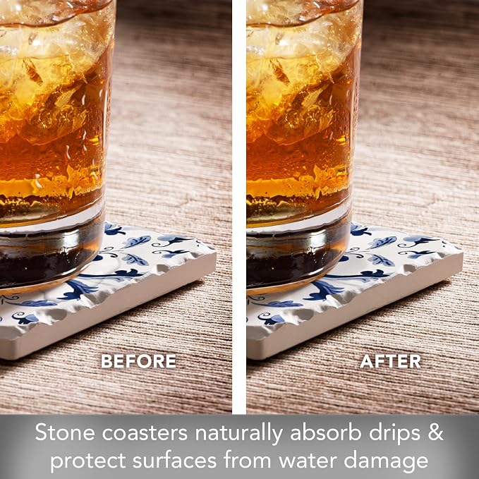 Thirstystone Blue & White Floral 4 Pack Tumbled Tile Stone Coasters | 4" Square - Image 3