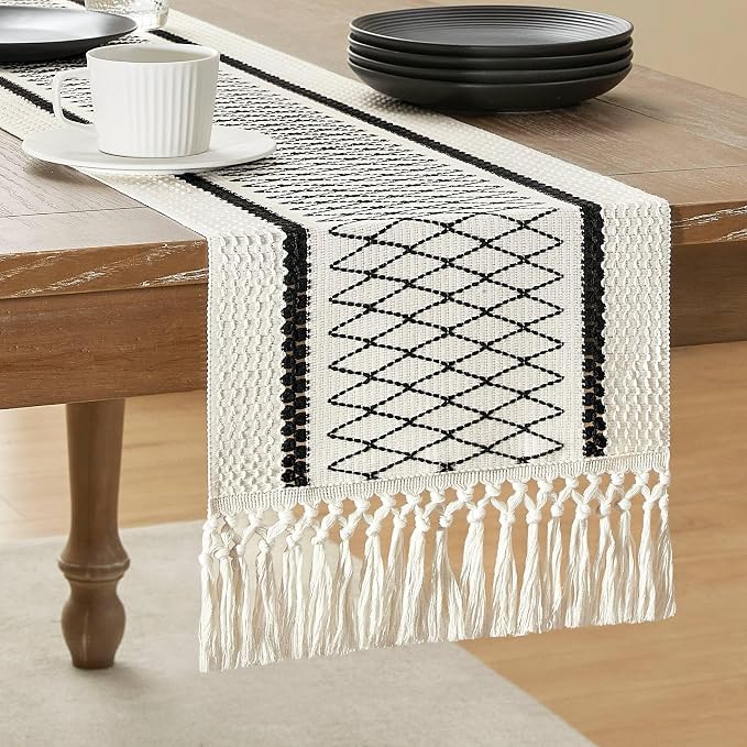 Macrame Style Bicolor Stitching Table Runner, 12 x 48 Inch Black Grid/Ivory by ZEEMARTONLINE