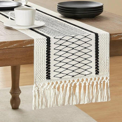 Macrame Style Bicolor Stitching Table Runner, 12 x 48 Inch Black Grid/Ivory by ZEEMARTONLINE