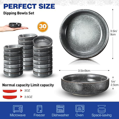 Roshtia 30 Pieces Ceramic Soy Sauce Dish 3.5 Inch Porcelain Dipping Bowls 3oz Multipurpose Small Bowl Mini Serving Dinnerware for Pinch Seasoning Appetizer Soy Sushi(Gray)
