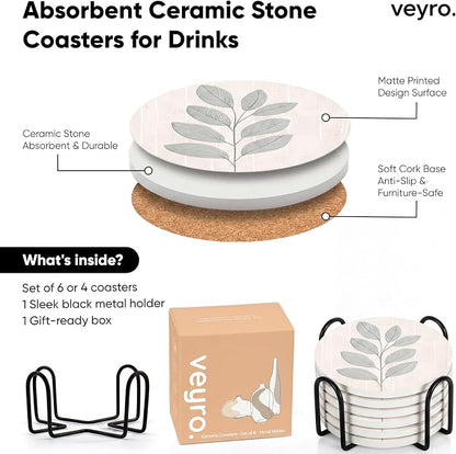 VEYRO Ceramic Coasters Set of 6 or 4 – Absorbent Stone Drink Coasters - Image 6