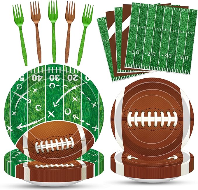 100 Pcs Football Party Supplies Set, Serves 25 – Disposable Football and Field by Merriva