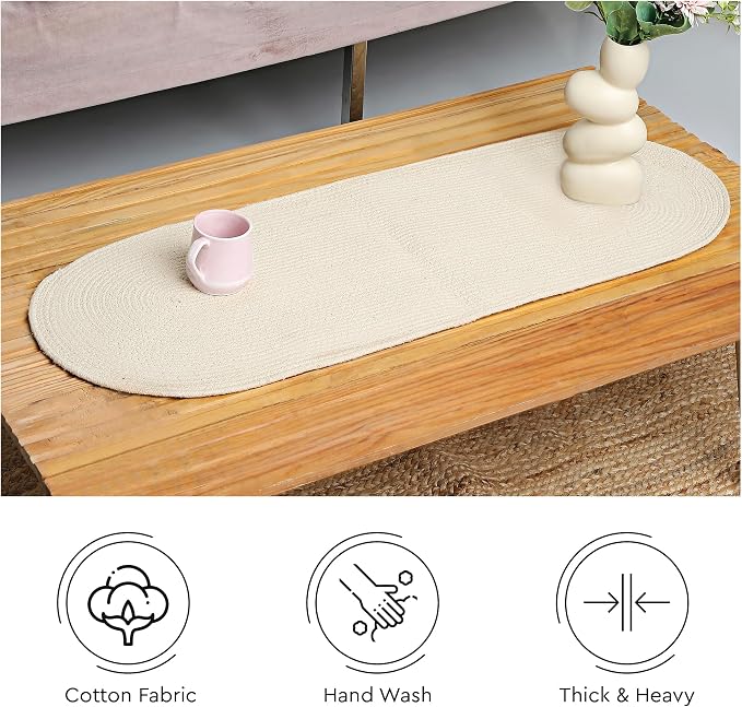 Encasa XO Dining Table Runner, Handmade Ribbed Cotton 12"x36" Off White | 100% - Image 4