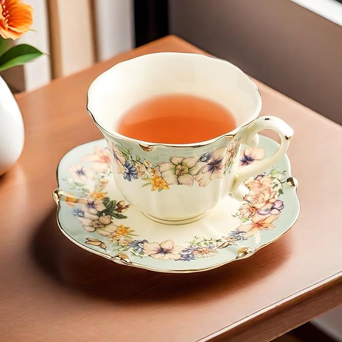 TATSUMI Country Roses Bone China Tea Cup and Saucer Set, 3 Pieces, Vintage Style - Image 2