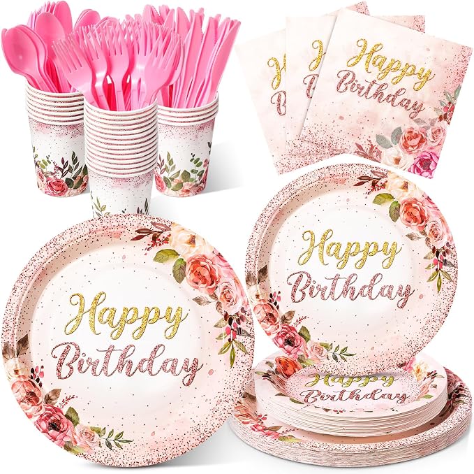 Roshtia 175 Pcs Floral Party Supplies-serve 25 Guests Happy Birthday Rose by Roshtia