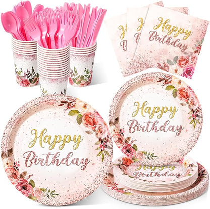 Roshtia 175 Pcs Floral Party Supplies-serve 25 Guests Happy Birthday Rose by Roshtia