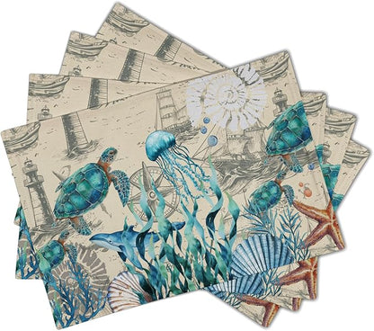 Nautical Placemats Set of 4 - Vintage Coastal Place Mats 12x18 Sea Turtle Table Mats Beach Kitchen Mats for Party Dining Table