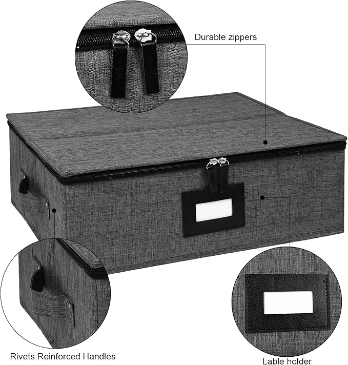 China Storage Containers, Platter Storage 17" x 13" x 6" for Dinnerware Storage and Transport, 5 Large Felt Dividers Included, Hard Shell and Stackable (Black)