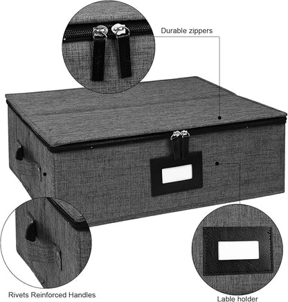 China Storage Containers, Platter Storage 17" x 13" x 6" for Dinnerware Storage and Transport, 5 Large Felt Dividers Included, Hard Shell and Stackable (Black)