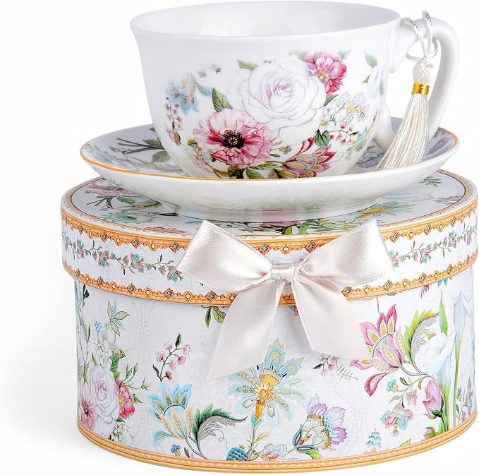STP GOODS Bone China Tea/Coffee Cup and Saucer in Gift Box Fine Bone Tea Cup by STP-Goods