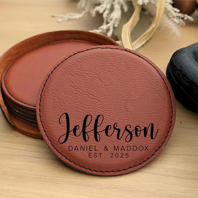 Custom Round Engraved Coasters, Personalized Leather Coaster, Laser Engraved - Image 2